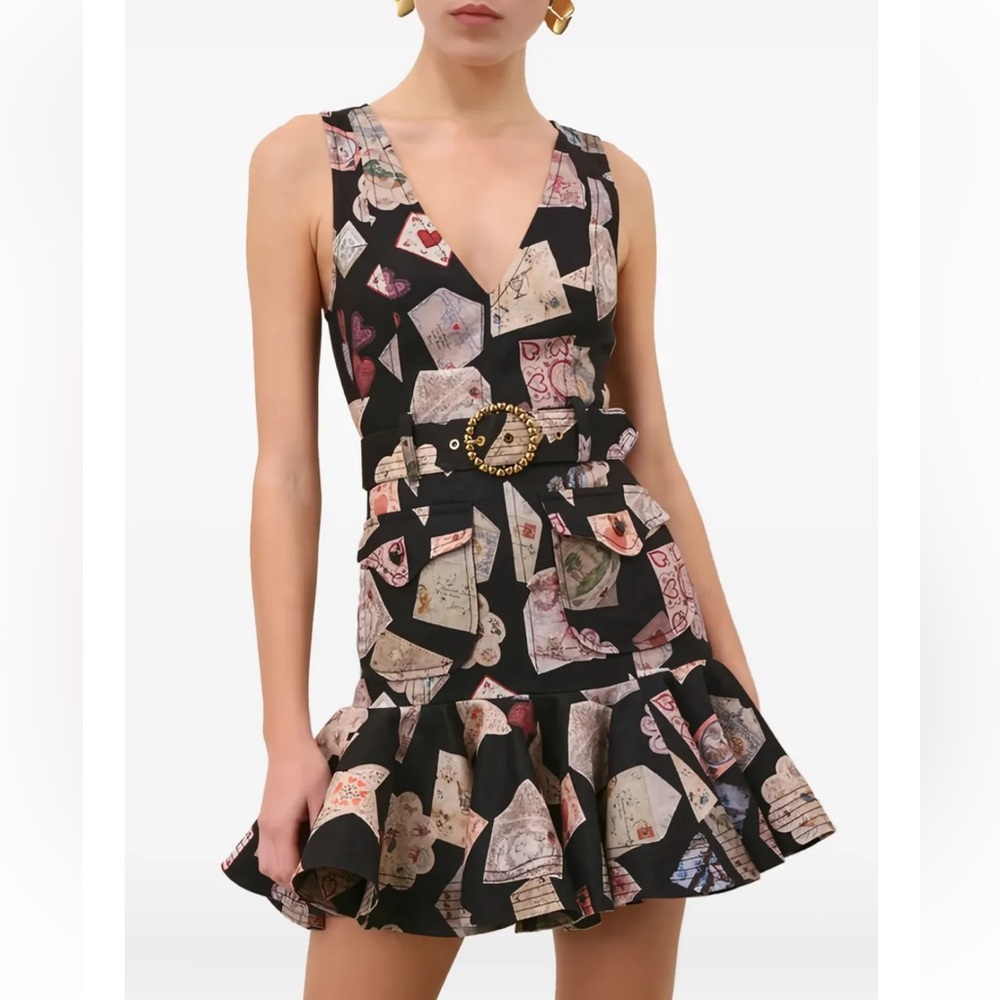 Zimmermann Black Printed V-Neck Mini Dress with Gold Buckle